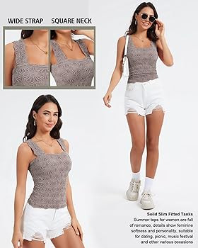 Women's Square Neck Wide Strap Crop Tank Tops Slim Fit Sleeveless Going Out Top Flower Lettuce Tr... | Amazon (US)