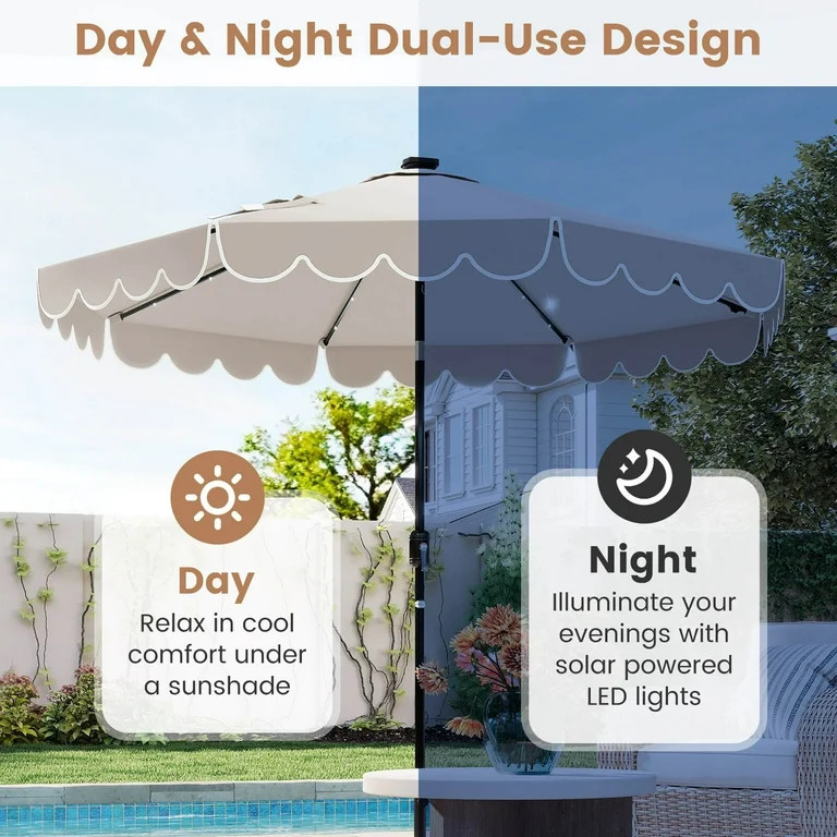 Costway 9.3 FT Solar Patio Umbrella Outdoor Market Sunshade with 24 LED Lights Ruffles Beige | Walmart (US)