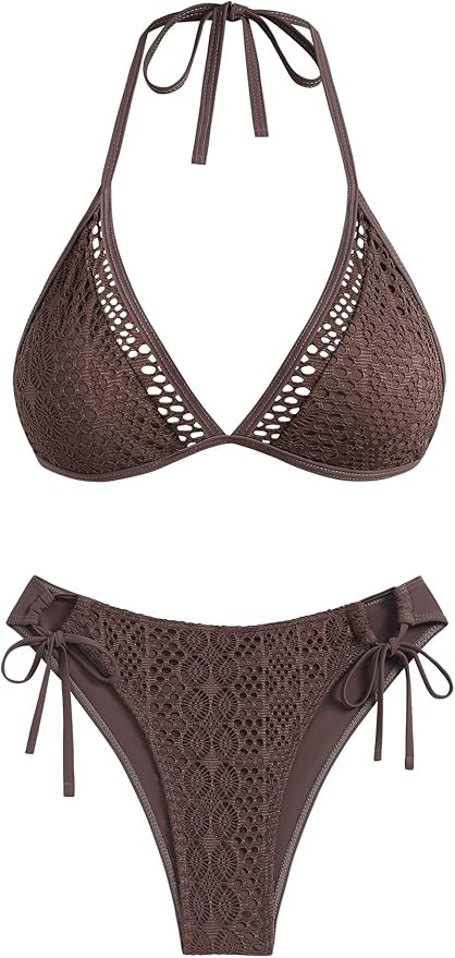 ZAFUL Women's Halter Bikini Set Crochet Triangle Two Piece Bathing Suit Side Tie Swimwear | Amazon (US)