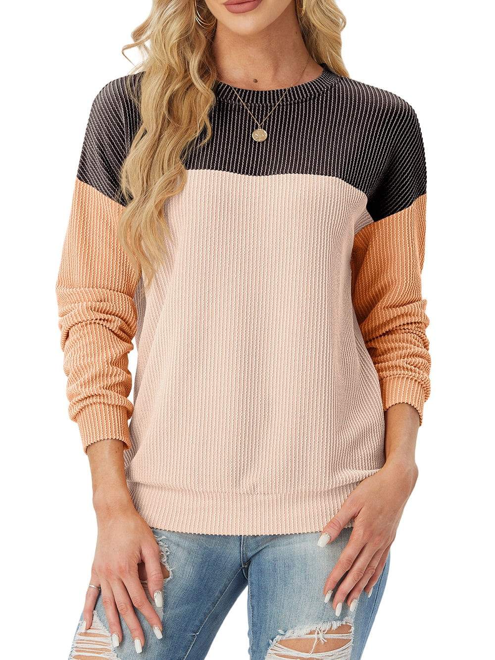 JWD Women's Top Fashionable Color Blocked Long Sleeved Round Neck Knitted Casual Loose Pullover S... | Walmart (US)