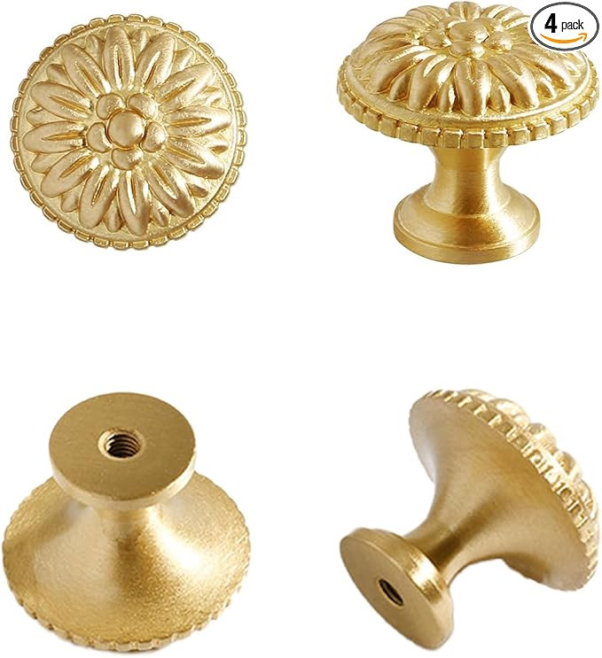 4PCS Gold Brass Drawer Knobs, Solid Copper Gold Brass Cabinet Knobs Decorative Knob Vintage Antiq... | Amazon (US)