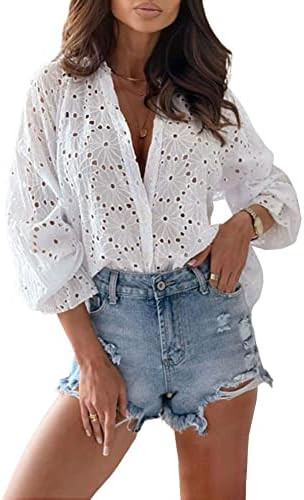 chouyatou Women's Boho Crochet Shirts Lantern Sleeve Button Down Lace Eyelet Blouse Tops | Amazon (US)