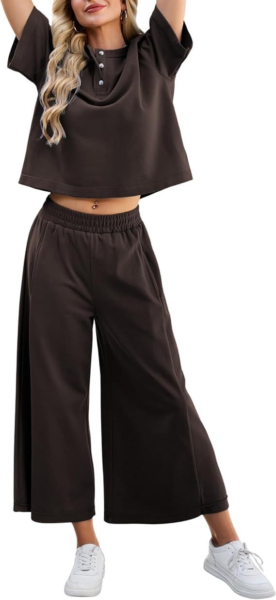 Tanming Womens 2 Piece Outfits Short Sleeve Top Wide Leg Pants Travel Vacation Lounge Set Tracksu... | Amazon (US)