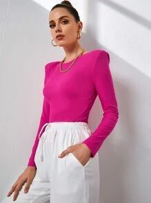 Neon Pink Rib-knit Slim Tee | SHEIN