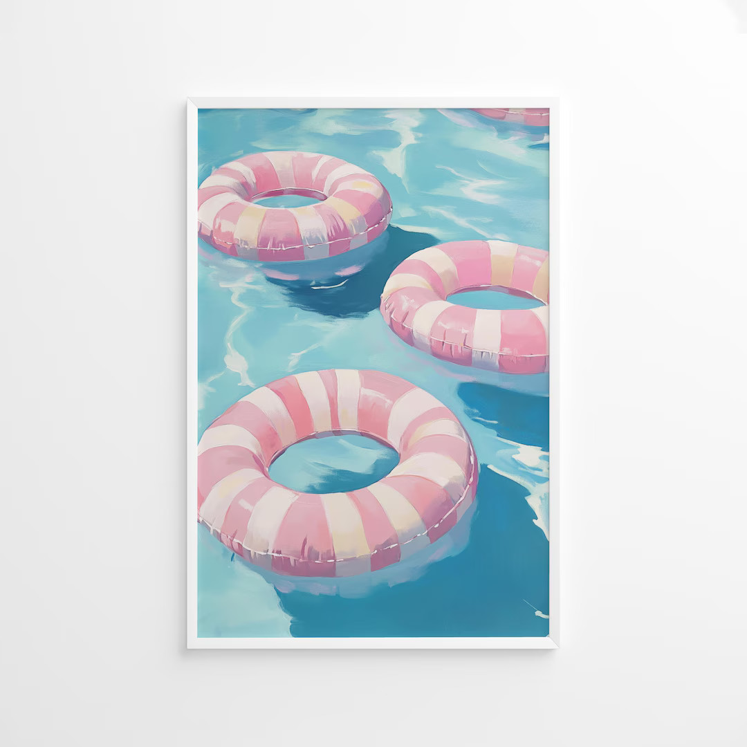 Pink and White Striped Pool Float Poster, Summer Inner Tube Art Print, Coastal Poolside Wall Deco... | Etsy (US)