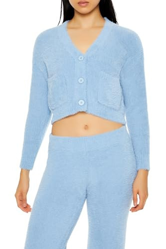 Forever 21 Women's Fuzzy Cardigan Sweater Stone Blue Small | Amazon (US)