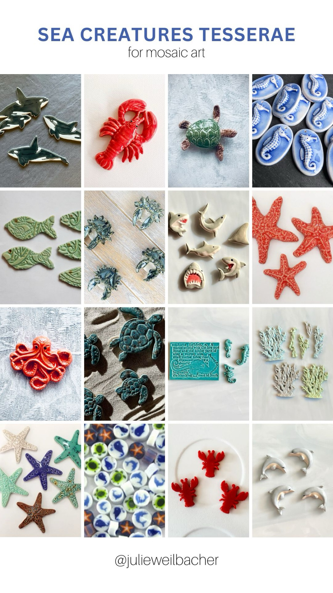 Summer is here! 🐙 And it’s time to think about incorporating some ocean-life tesserae into your mosaic art. 🦞 These sea-themed tesserae can also bring a summer vibe to a coffee table, shelf, or WFH desk. 🐠 For mosaic tips, tutorials, inspiration, and so much more please visit my YouTube channel: YouTube.com/julieweilbacher. Follow @julieweilbacher on Instagram for all things mosaic art. lobster - beach vibe - mosaic - beach art - shell decor - beach house art - mosaics - ceramics - shell art - beach decor - summer vibe - whale decor - orca decor - seahorse decor - starfish decor - octopus decor - turtle decor - shark decor - handmade ceramics - dolphins decorr

#LTKSeasonal #LTKHome #LTKFindsUnder50