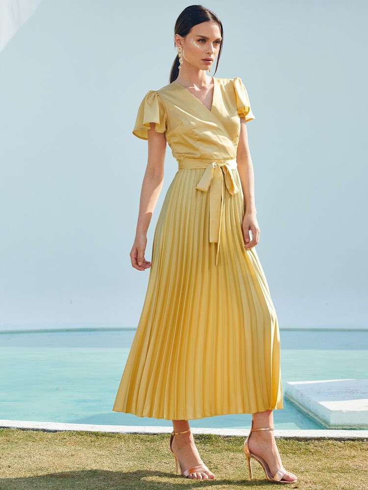 SHEIN Surplice Neck Flutter Sleeve Pleated Satin Dress | SHEIN