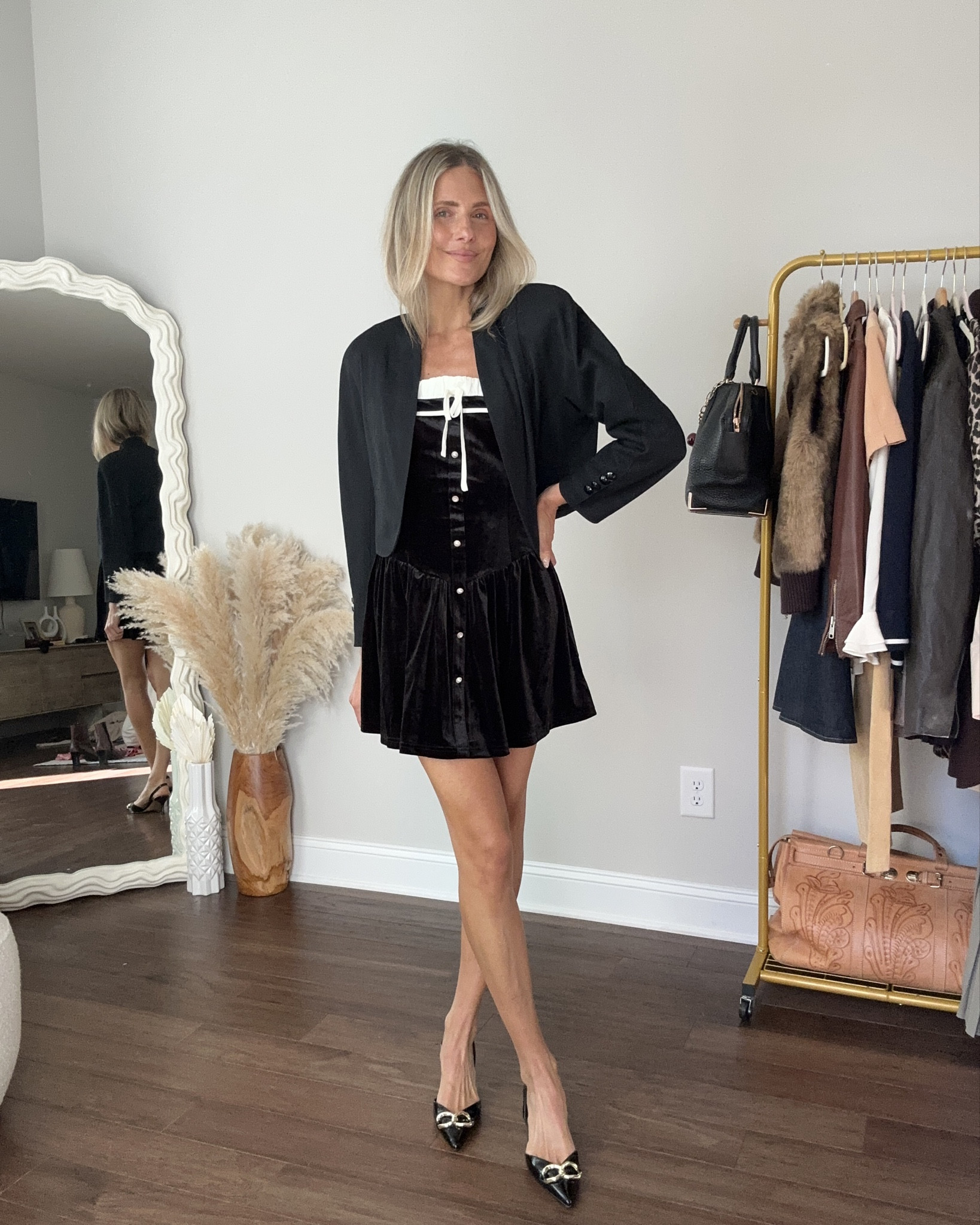 How to wear: velvet! This holiday season velvet is trending. From dresses to tops and even suits! Rich colors look stunning in this luxe fabric! This velvet dress is a showstopper and has feminine touches! Pair with  cropped blazer and kitten heels to complete the look. 

#LTKFindsUnder100 #LTKHoliday #LTKStyleTip