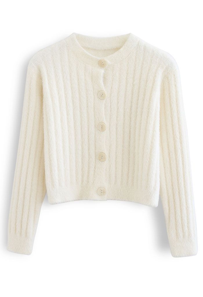 Button Down Cropped Fuzzy Knit Cardigan in Ivory | Chicwish