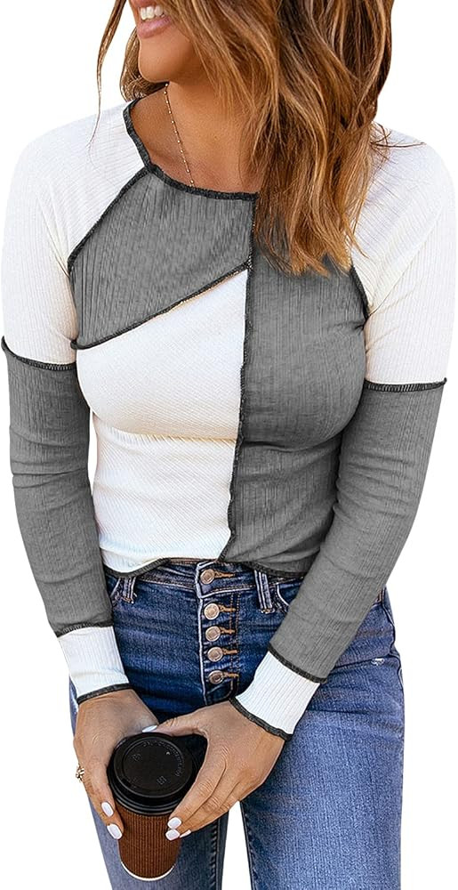 roswear Women’s Ribbed Long Sleeves Slim Fit Pullover Sweaters Color Block Knit Tops | Amazon (US)