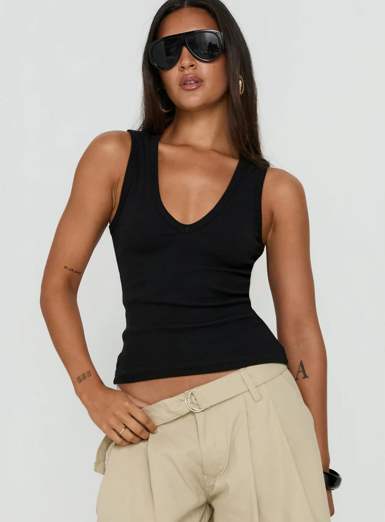 Baseline V Neck Rib Tank Top Black | Princess Polly US
