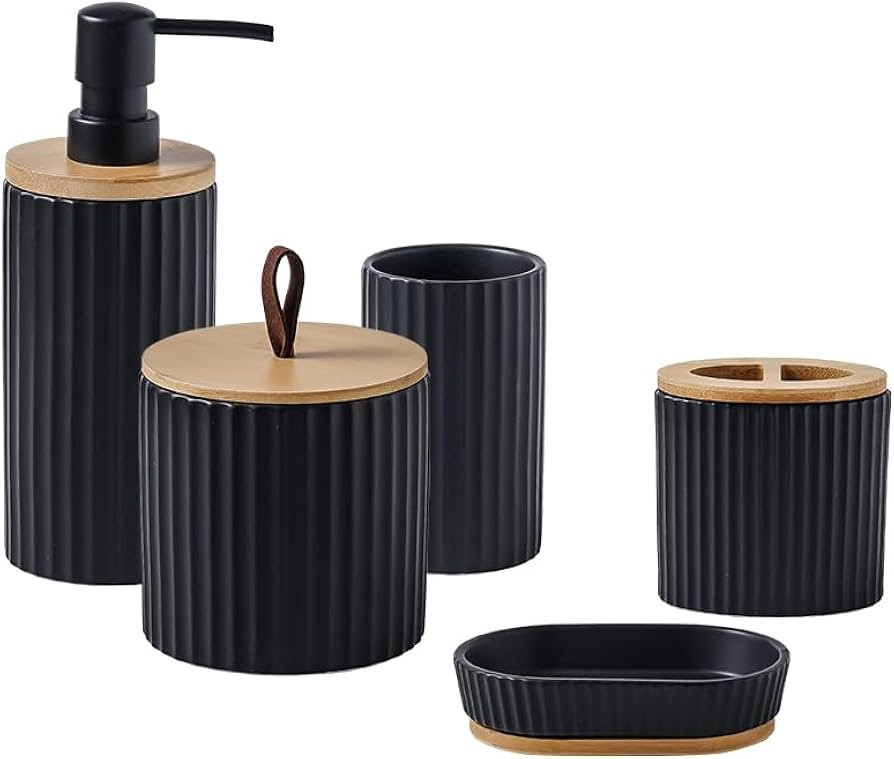 Black Bathroom Accessory Set,，Contemporary Stylish SURUI 5-Piece Ceramic Bath Accessory Set wit... | Amazon (US)