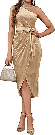 MEROKEETY Women's One Shoulder Ruched Bodycon Velvet Dress Sleeveless Wrap Slit Cocktail Party Mi... | Amazon (US)