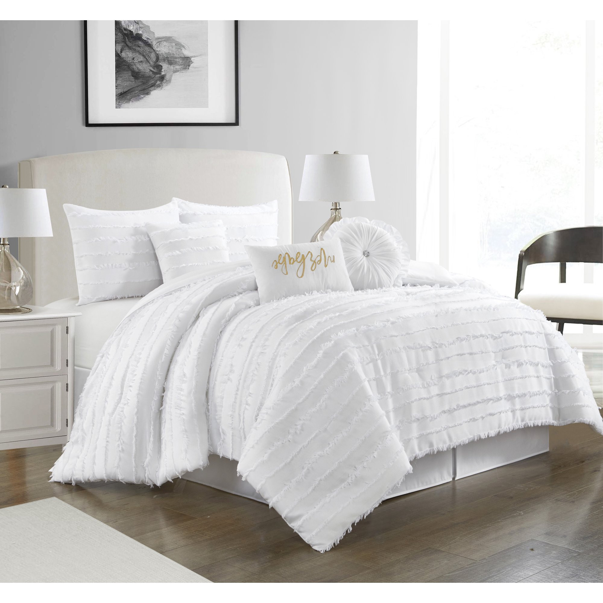 Nanshing Dessy 7-Piece Fringe Embroidered Microfiber Comforter Set with Bonus Pillows, Queen, Whi... | Walmart (US)