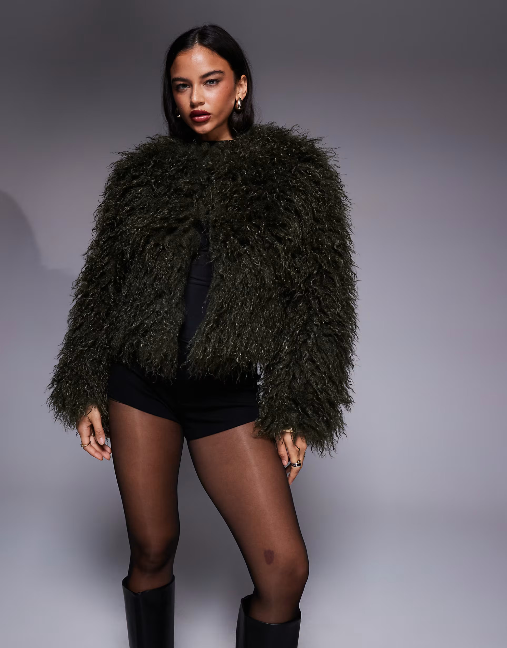 ASOS X THE SOURCED COLLECTION cropped faux fur coat in khaki green | ASOS | ASOS (Global)