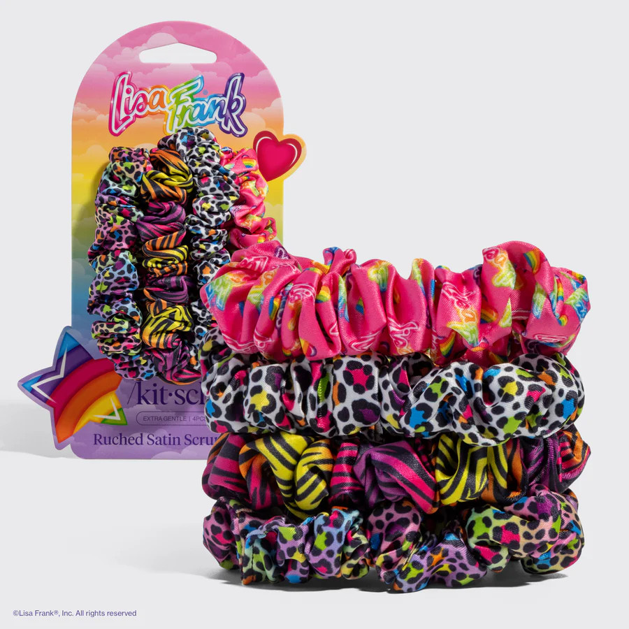 Lisa Frank x Kitsch Ruched Satin Scrunchies in Rainbow Leopard | Kitsch