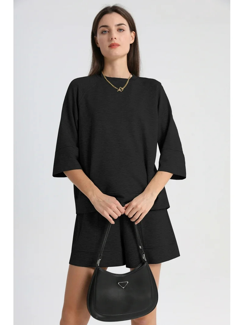 MINTREUS Women's Mock Neck Lounge Set 3/4 Sleeve Tops and Elastic Waist Shorts Cozy Loungewear Sw... | Walmart (US)