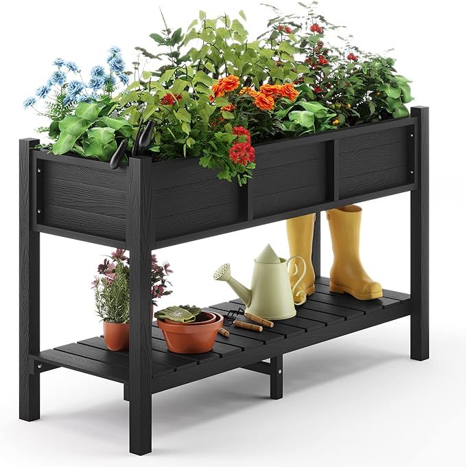 LUE BONA Raised Garden Bed with Tools, Poly Plastic 47 * 18 * 29 in, Elevated Planter Box with Le... | Amazon (US)