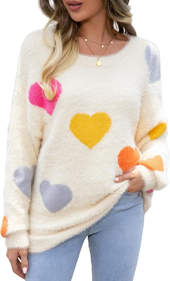 Wyeysyt Valentine Heart Sweater for Women Knit Pullover Sweaters Long Sleeve Crew Neck Casual Kaw... | Amazon (US)