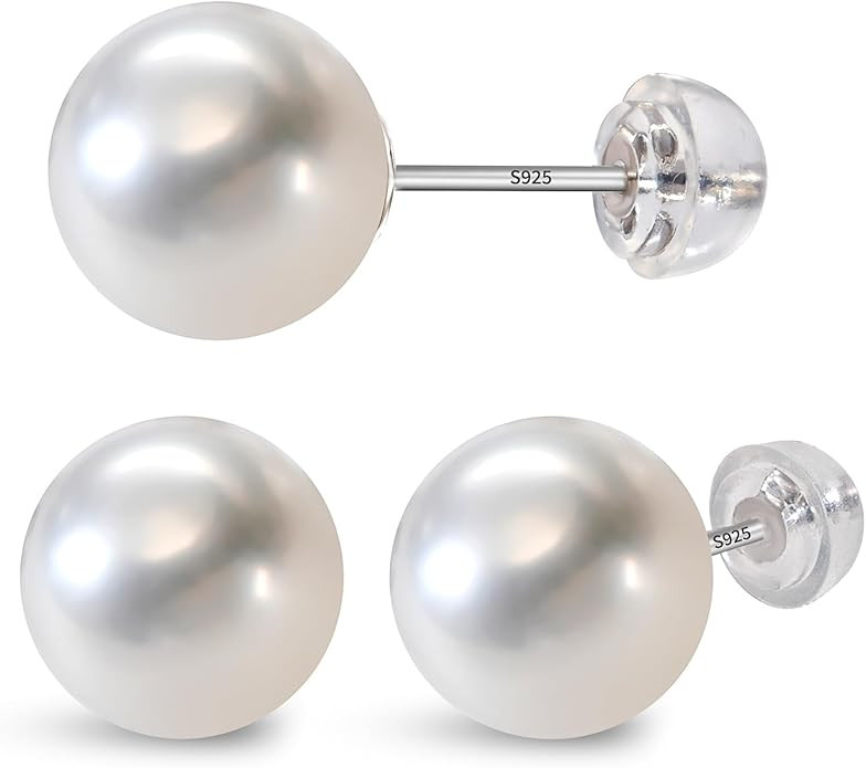 Natural Freshwater Pearl Stud Earrings, White AAA+ Grade, 925 Sterling Silver, Hypoallergenic Pus... | Amazon (US)