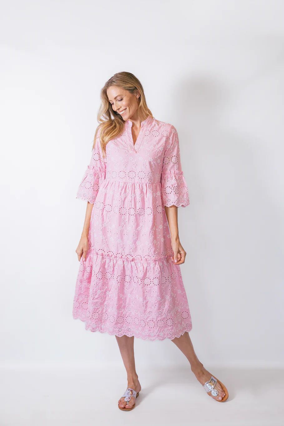 Candy Pink Eyelet Bell Sleeve Midi Dress | Sail to Sable