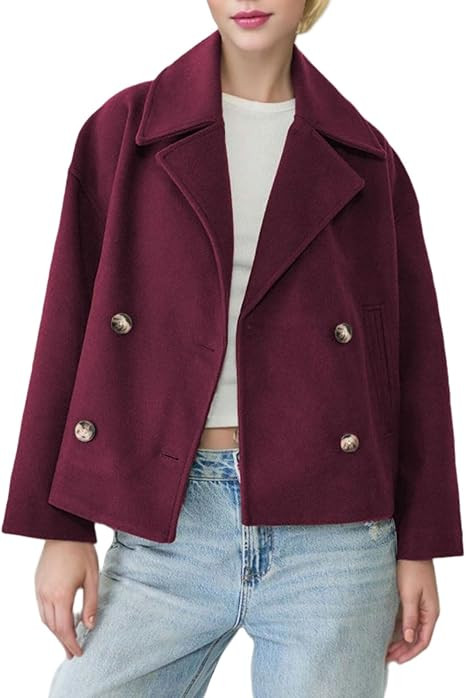 CHARTOU Women Cropped Wool Blend Coats Notch Lapel Double Breasted Pea Coat Jacket Short Trench O... | Amazon (US)