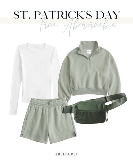 Spring outfit from Abercrombie, st Patrick’s day outfit, green matching set, pullover, green sweatshirt, lounge set, half zip pullover, cross-body bag, belt bag, long sleeve tuckable shirt, loungewear, travel outfit

#LTKtravel #LTKitbag #LTKstyletip