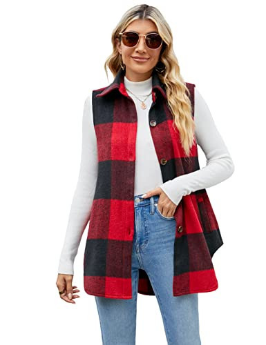 UANEO Womens Fall Flannel Plaid Vest Button Down Sleeveless Vests With Pockets (Red Black-S) | Amazon (US)