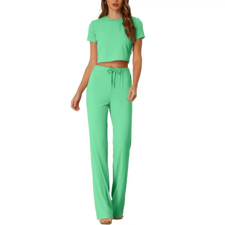 Allegra K Women's Two Piece Lounge Set Ribbed Crop Top Wide Leg Pant Casual Sweatsuit | Walmart (US)