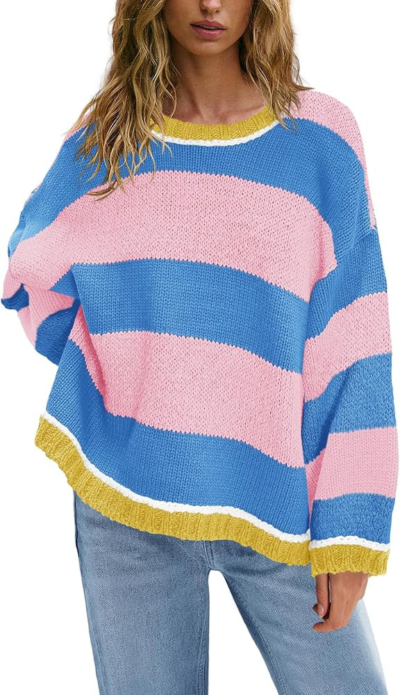 Nirovien Womens Striped Oversized Sweater Fall Chunky Sweater Cable Knit Colorblock Crewneck Pull... | Amazon (US)