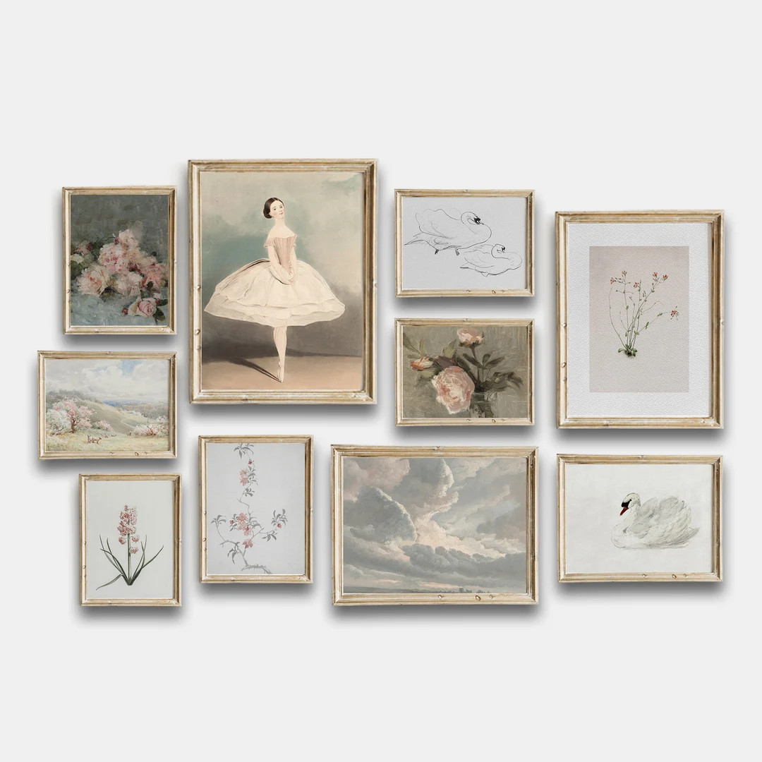 Girls Room Nursery Vintage, Gallery Wall Art Set of 10, Soft Pink Prints, Flowers Neutral Tones, ... | Etsy (US)