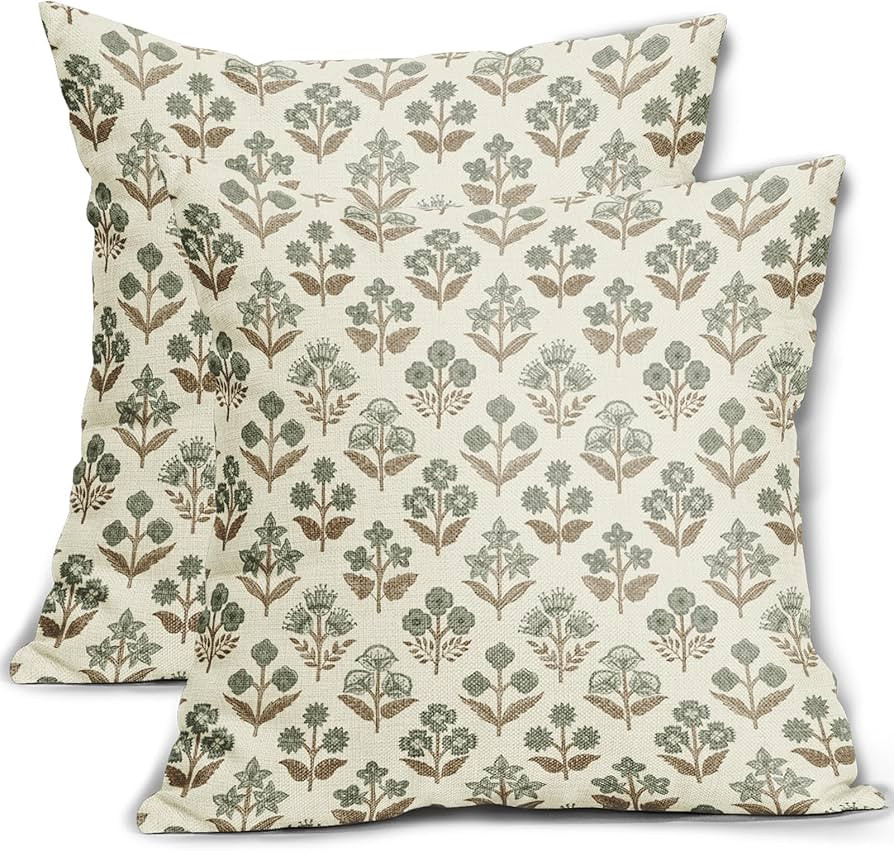 Brown Green Floral Block Print Pillow Covers 18x18 Inch Set of 2, Vintage Flower Pattern Decorati... | Amazon (US)