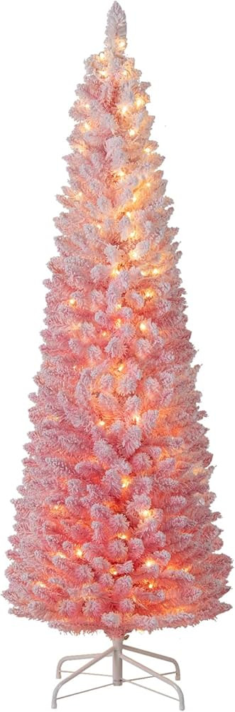 Goplus 6ft Pink Slim Pencil Christmas Tree, Pre-lit Snow Flocked Artificial Skinny Xmas Tree with... | Amazon (US)