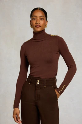 Buttoned Knit Roll Neck (Walnut) | Holland Cooper
