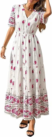 PRETTYGARDEN Womens Summer Boho Maxi Dress Trendy Short Sleeve V Neck Flowy Beach Floral Dresses ... | Walmart (US)