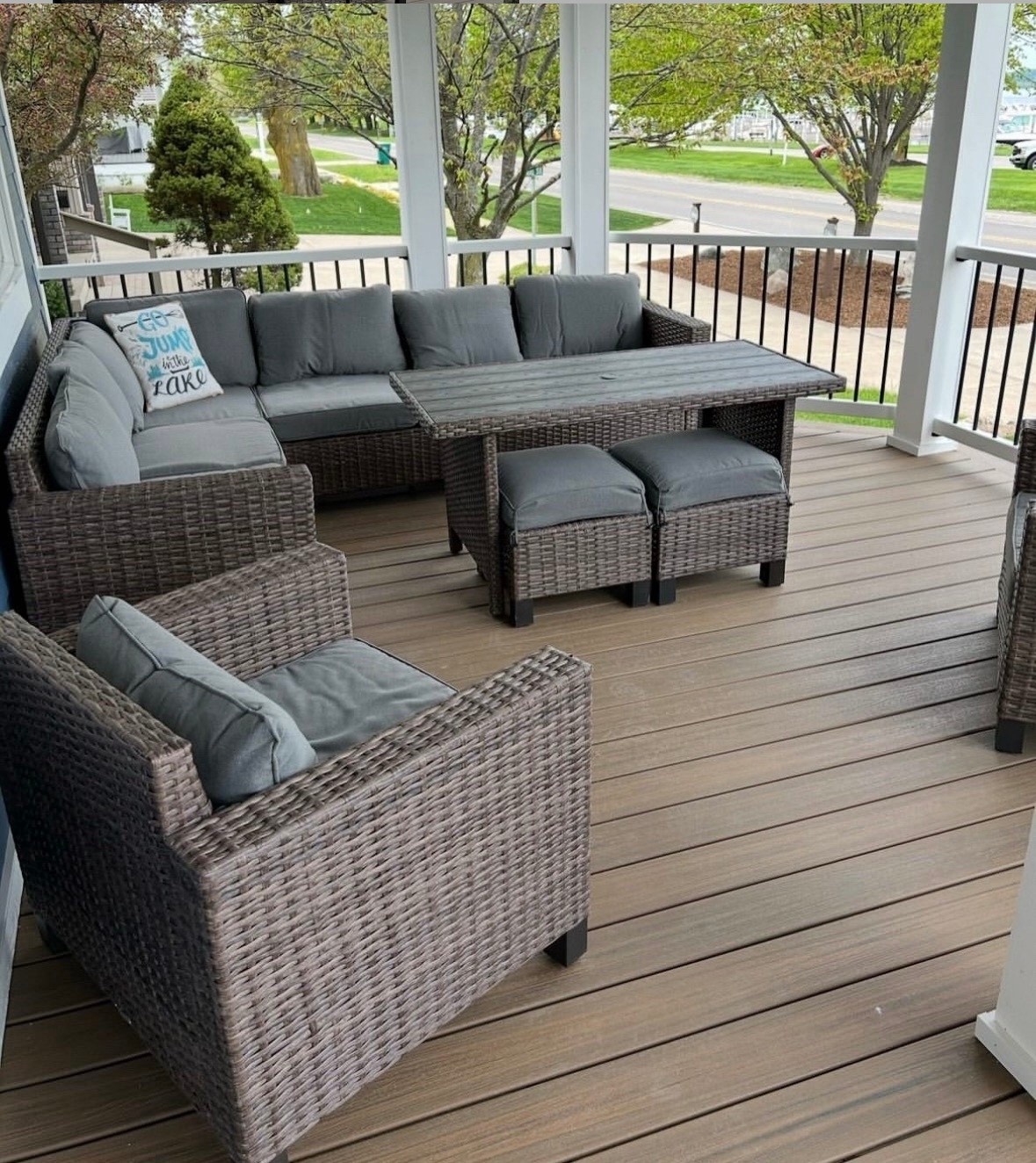 Is it porch sitting season yet? I can’t wait for it to be… Here in Michigan, still a bit chilly. But, the sets are out and ready to buy. Our sectional set is amazing. We love the matching club chairs as well. 
Also love that the sectional set tucks in nicely and comes with their own covers. ￼￼