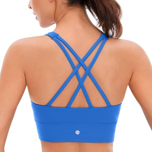 CRZ YOGA Womens Butterluxe Strappy High Neck Longline Sports Bra - Wireless Criss Cross Back Padded Workout Cropped Top Sparkle Blue Large | Amazon (US)