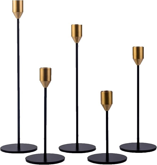 Set of 5 Black Taper Candlestick Holders with Brass Top, Metal Candle Stick Holder, Antique Mid-C... | Amazon (US)
