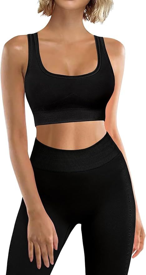 JZC Workout Outfits for Women 2 Piece Ribbed Seamless Yoga Leggings Exercise Sets | Amazon (US)