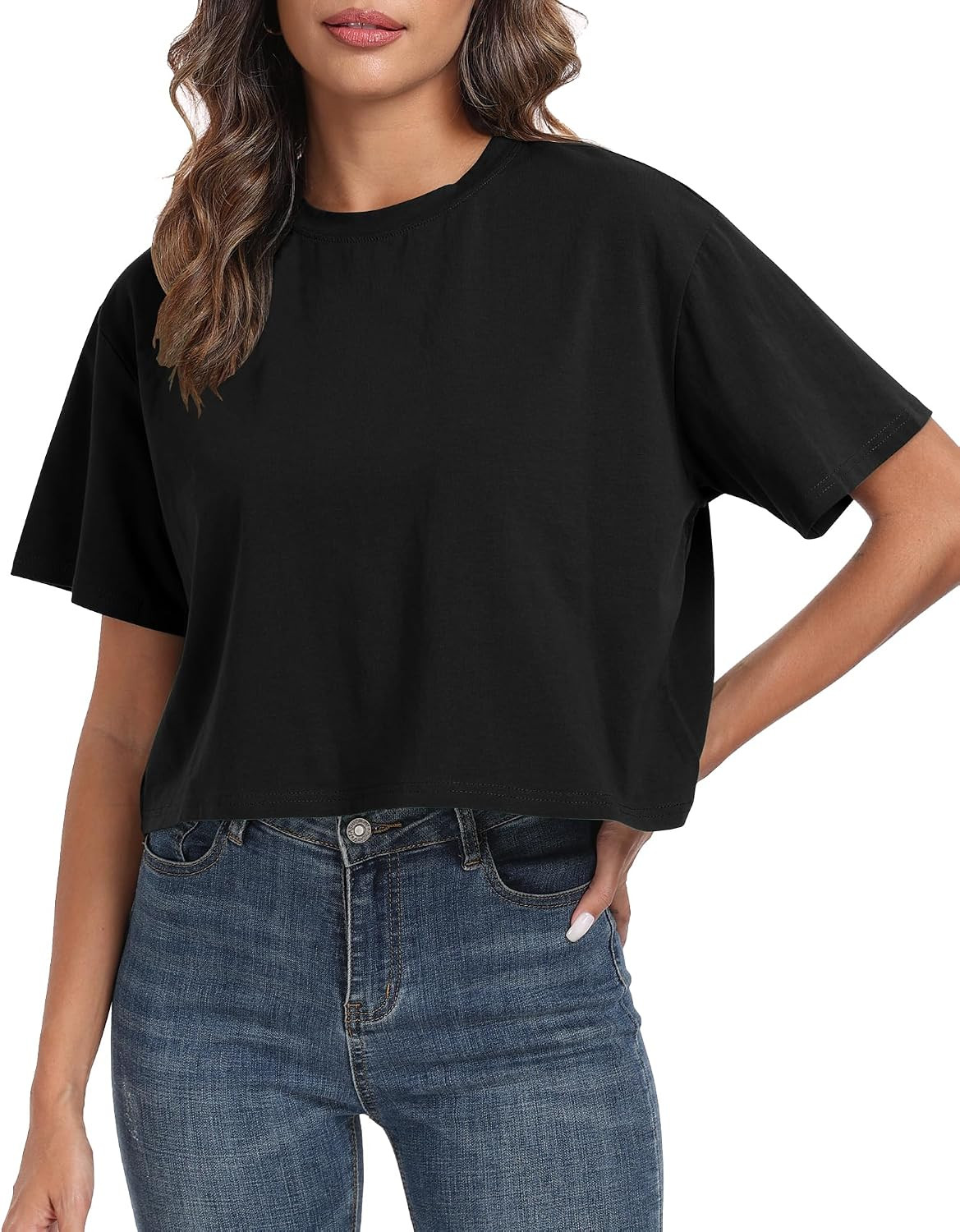 PRIMODA Women's Oversized Workout Cropped T Shirts Crew Neck Short Sleeve Casual Loose Summer Crop Tee Tops Cotton | Amazon (US)