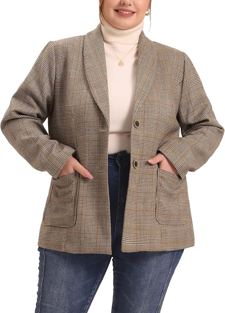 Agnes Orinda Plus Size Plaid Blazer for Women Lapel Jacket Work Office Single Breasted Blazers | Amazon (US)
