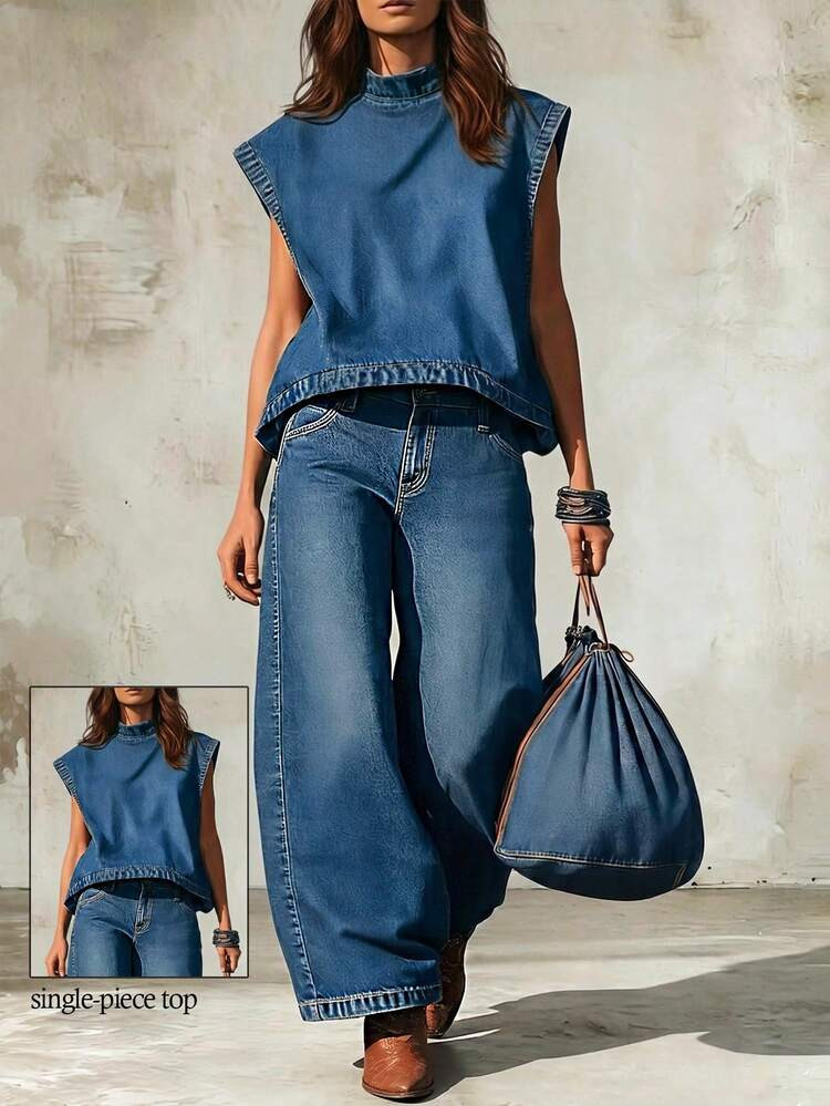 Balvessa Plus Size Summer Fashion Stand Collar Wide Denim Top | SHEIN