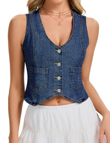 Genhoo Denim Vest Sleeveless Jean Vest Top for Women V Neck Button Down Cropped Denim Top with Pockets | Amazon (US)