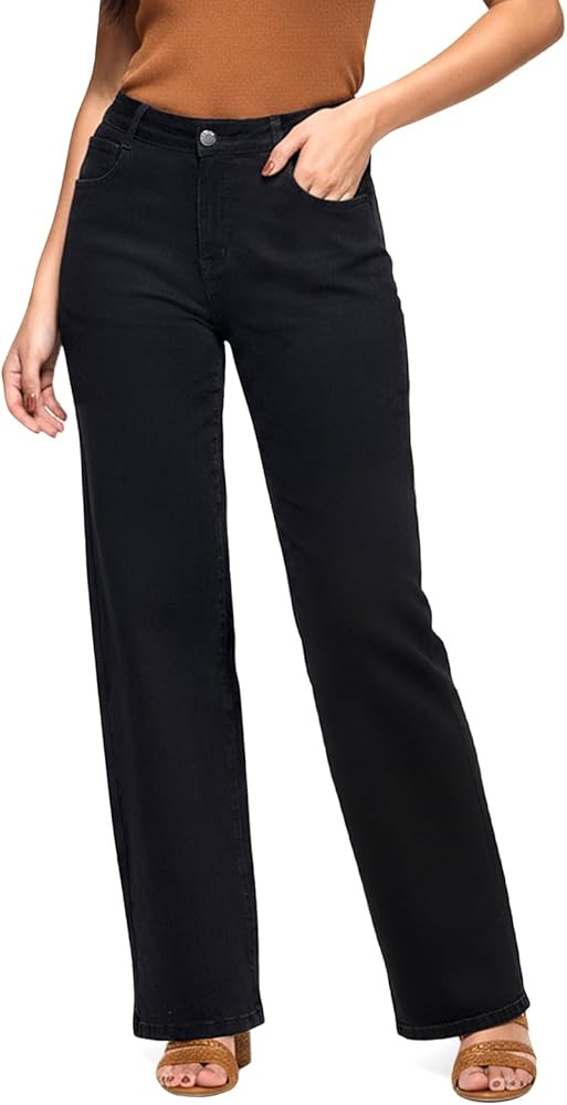 Straight Leg Jeans for Women - High Waisted Wide Leg, Non-Stretch Loose Fit Denim Pants with Pock... | Amazon (US)