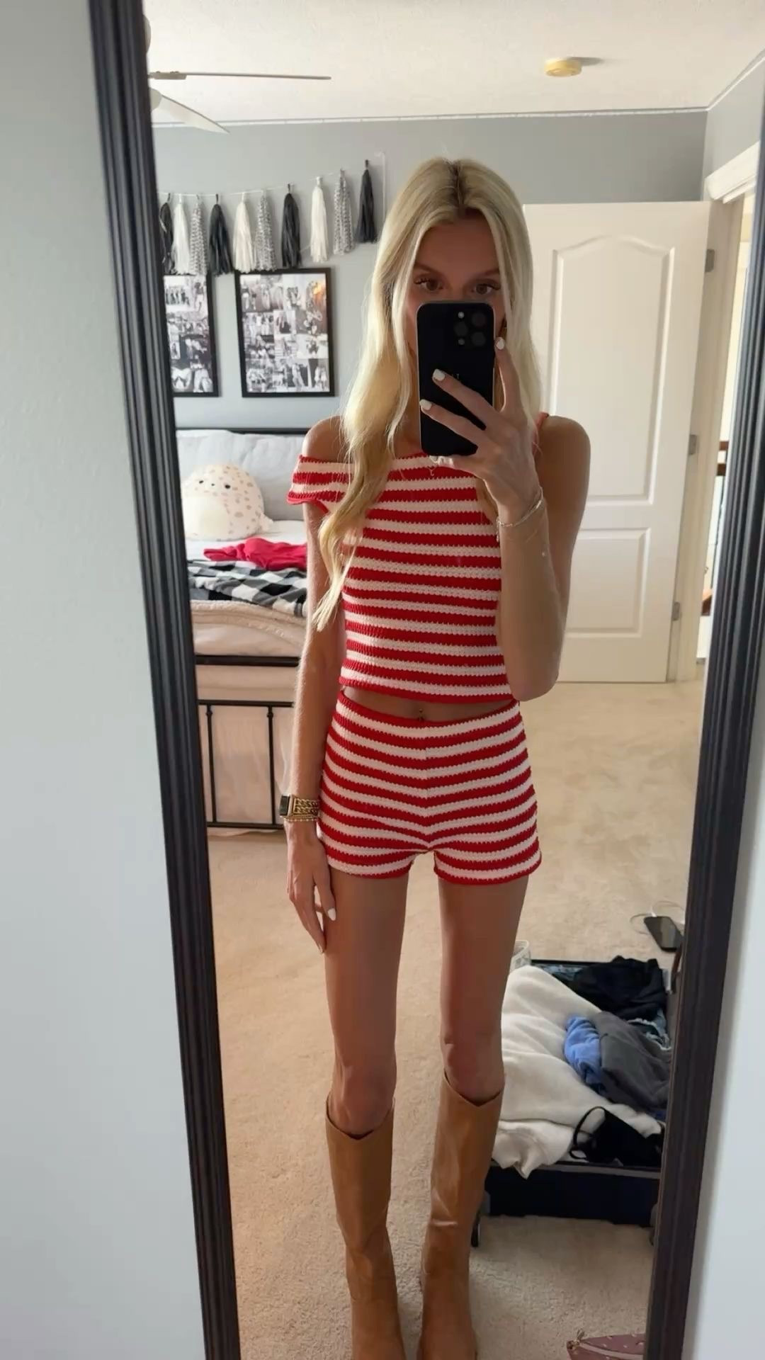 Osu Gameday outfit Inspo- Red and white striped off the shoulder set with banana leather Steve Madden boots!! 

#LTKPetite #LTKTravel #LTKdayinmylife