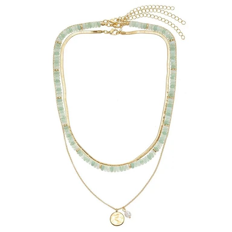 Time and Tru Women's Gold Tone Chain and Beaded Necklace Set, Green, 3 Pieces | Walmart (US)