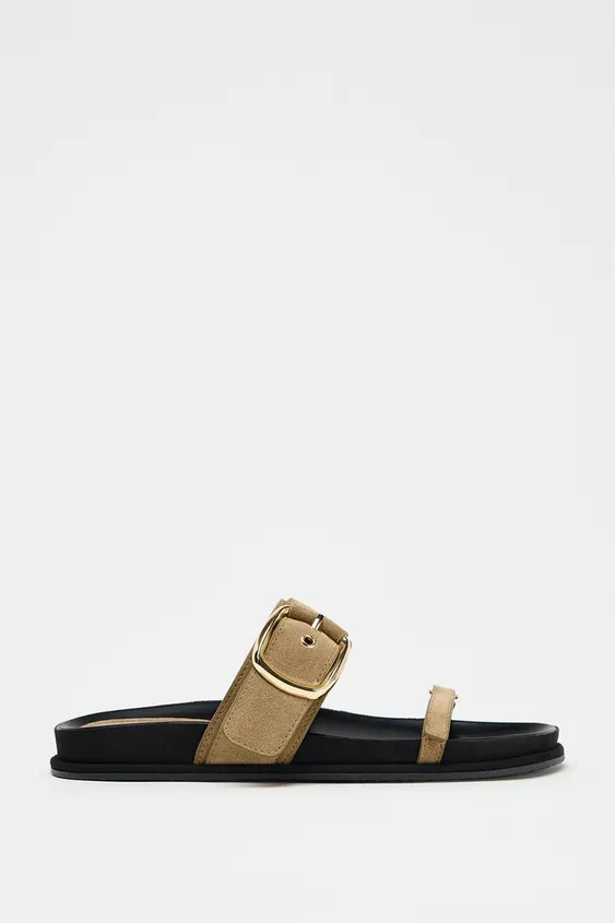 Flat suede strappy sandals. Buckle detail on the side. Thin front strap. Flat sole. Rounded toe.S... | Zara US