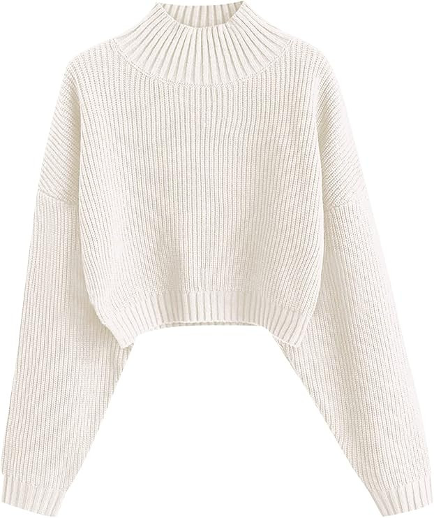 ZAFUL Women's Cropped Turtleneck Sweater Lantern Sleeve Ribbed Knit Pullover Sweater Jumper (0-Wh... | Amazon (US)