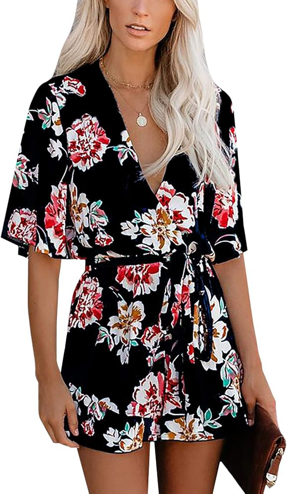 Bonkwa Women's Summer Floral Print Deep V-Neck Romper Flared Half Sleeve Short Jumpsuit with Elastic | Amazon (US)